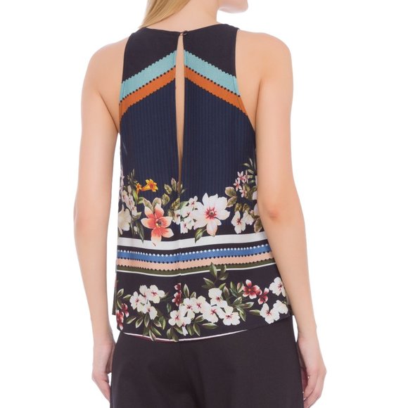 Farm Rio Floral Scarf Tank Top / Large / Keyhole Back Sleeveless - Picture 4 of 12